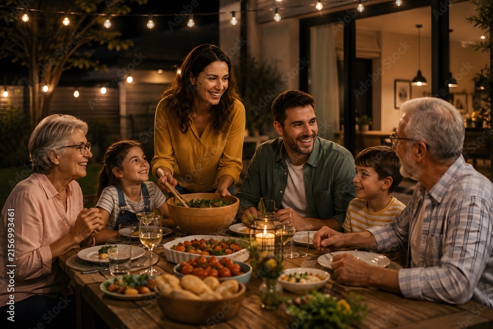 Obraz premium Family Night Backyard Dinner, String Lights Outdoor Gathering, Multi-Generational House Party, Warm Evening Celebration, Modern Home Lifestyle Scene.