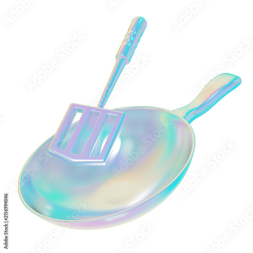 Glossy hologram y2k spatula pan chef icon isolated on transparent png background. product utensil element design. 3d rendering illustration