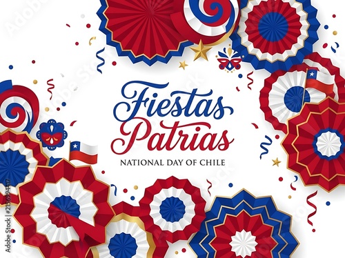 Fiestas patrias celebration background with chilean flags and paper fans isolated on white background