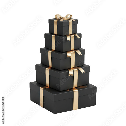 Stack of five black gift boxes with gold ribbon gift box packaging