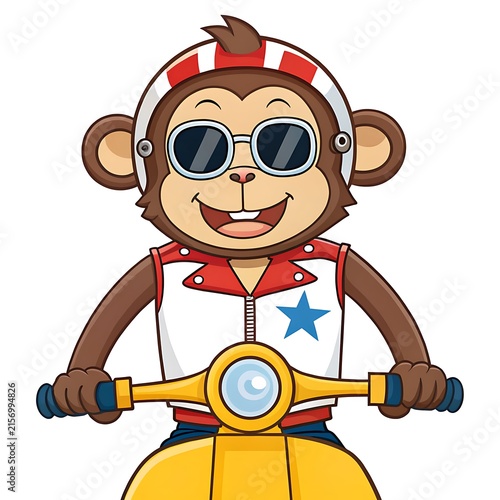 Happy monkey riding a toy motorcycle with sunglasses