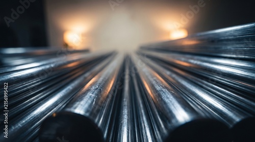 Close-up of parallel metal pipes or tubes reflecting warm light receding into the background of an industrial setting raw material production line industrial
