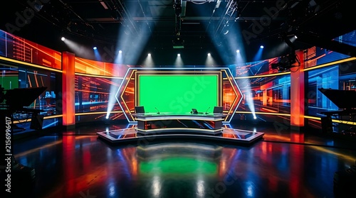 Modern television studio set with vibrant lighting and green screen
