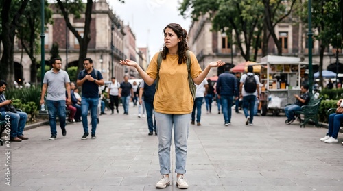 Confused young woman gesturing open hands standing outdoors on busy city street