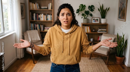 Close up portrait of confused woman shrugging open hands inside living room