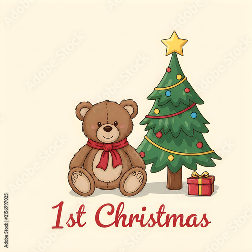 Teddy bear next to christmas tree with gift box