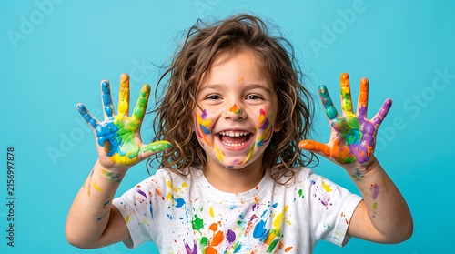 Happy child with messy painted hands and face smiling at camera, isolated on blue background