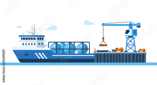 Cargo Ship Tanker at Port Harbor with Crane for Maritime Logistics and Global Shipping Vector Illustration