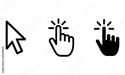 Set of computer mouse cursor pointer and hand click icons isolated on white background