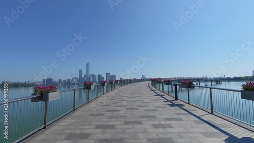 A curved pedestrian bridge spans calm water, lined with flower planters, with a distant city skyline under a clear blue sky.