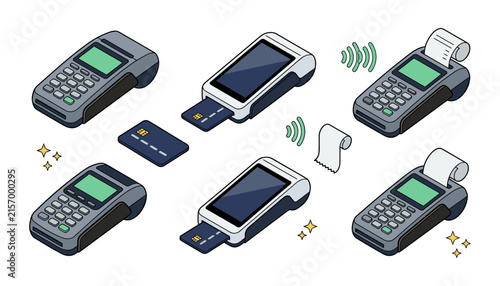 Cuadro en lienzo Isometric POS Terminal Payment Vector Icon Set Featuring Credit Card Readers, C