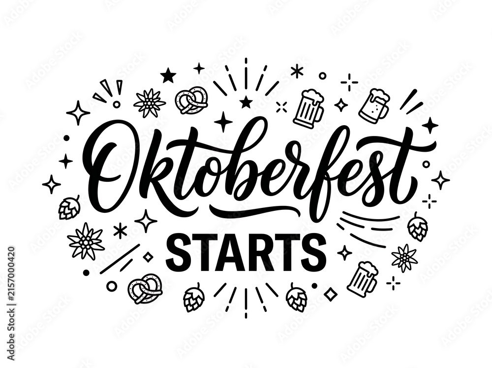 Fototapeta premium Oktoberfest starts vector hand drawn typography design with beer, pretzels, hops, and festive elements