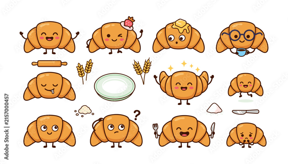 Obraz premium Cute Kawaii Croissant Character Vector Set with Various Face Expressions and Bakery Elements for Cafe Branding, Stickers, and Menu Designs