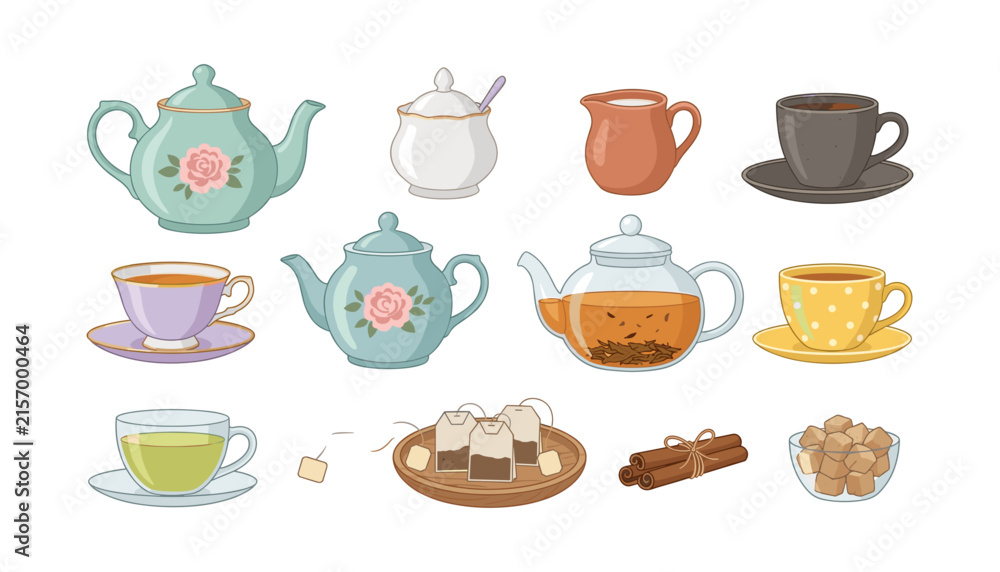 Obraz premium Vintage Tea and Coffee Set Vector Illustration Icons with Teapots, Ceramic Cups, Glass Teaware, Tea Bags, Sugar Cubes, and Cinnamon Sticks for Cafes