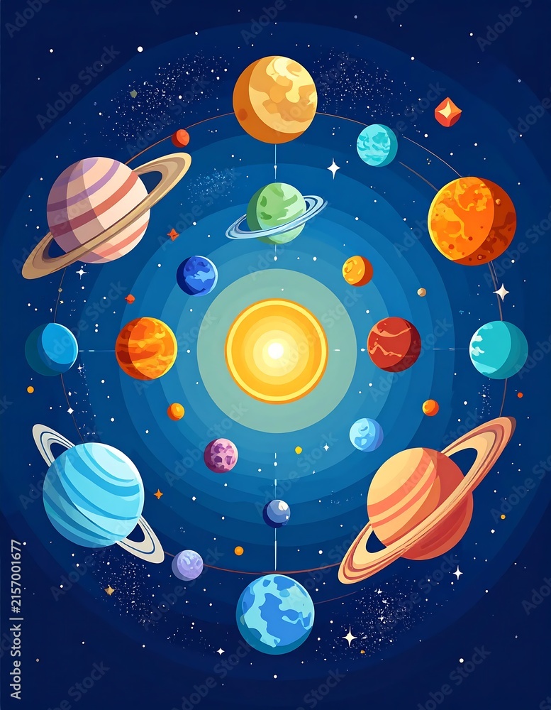 Naklejka premium Colorful abstract illustration of solar system with planets and stars.