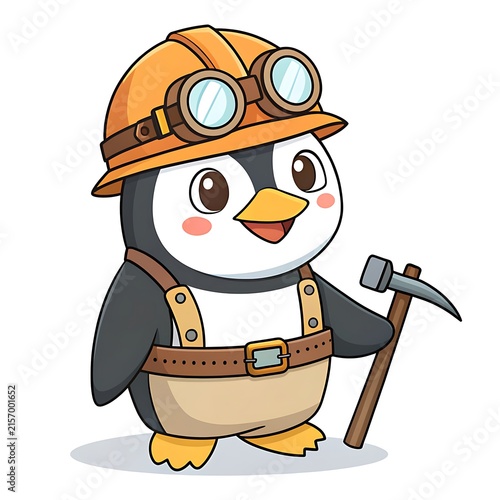 Cartoon penguin miner with goggles and pickaxe