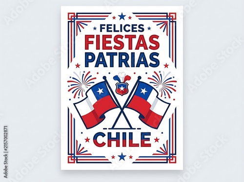 Felices fiestas patrias chile greeting card design with crossed chilean flags, fireworks, and decorative border elements isolated on white background