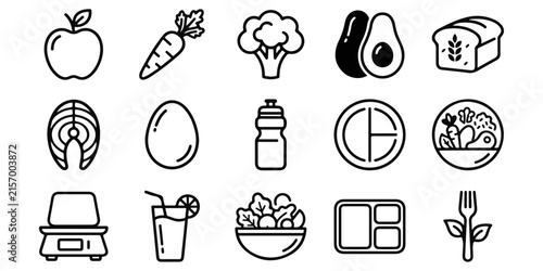 Set of black and white line icons representing healthy food nutrition diet and balanced lifestyle fitness elements