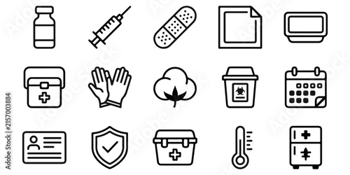 Set of fifteen simple black line icons representing various medical equipment and healthcare supplies for clinical use