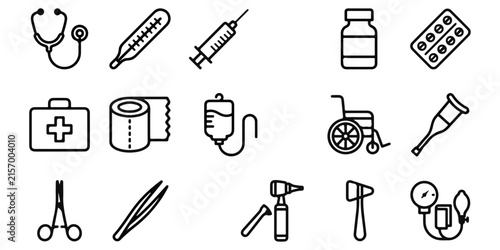 Set of various medical and healthcare equipment icons isolated on white background for clinical and hospital use