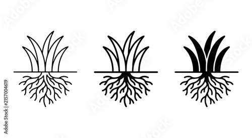 Grass and Root Icons, Plant Growth Stages, Simple Vector Illustrations