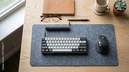 Modern ergonomic computer keyboard and mouse on wooden desk setup top view
