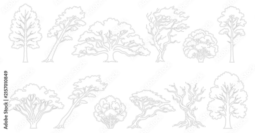 Fototapeta premium Minimalist tree line art set, 12 outline deciduous and evergreen tree icons, simple nature vector illustrations for architectural site plans