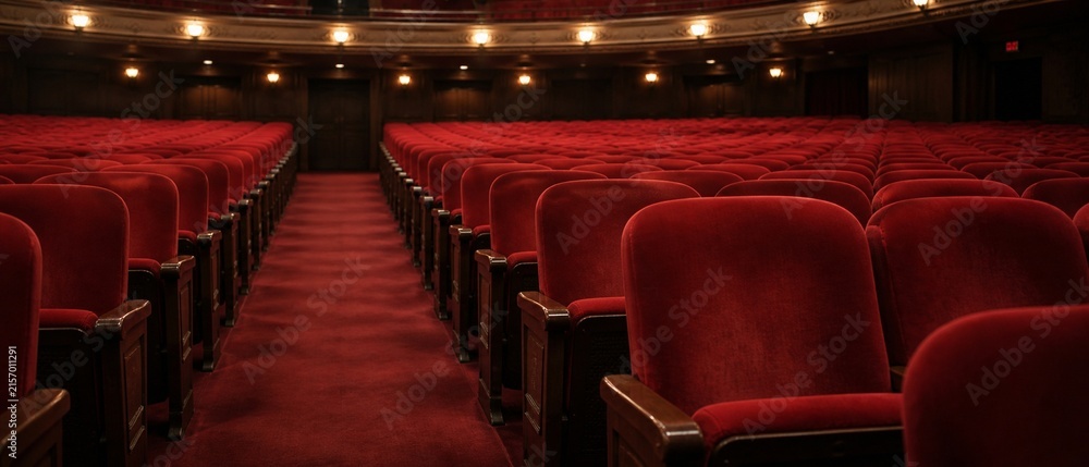 Fototapeta premium Empty red velvet seats in a classic theater or concert hall interior
