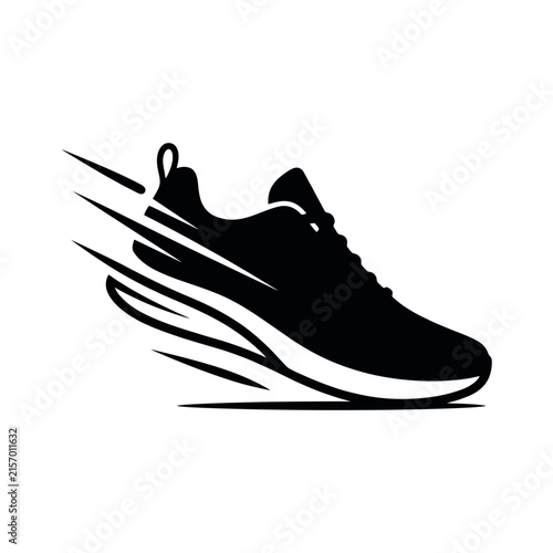 Black silhouette of a running shoe with speed motion lines for fitness and sport design