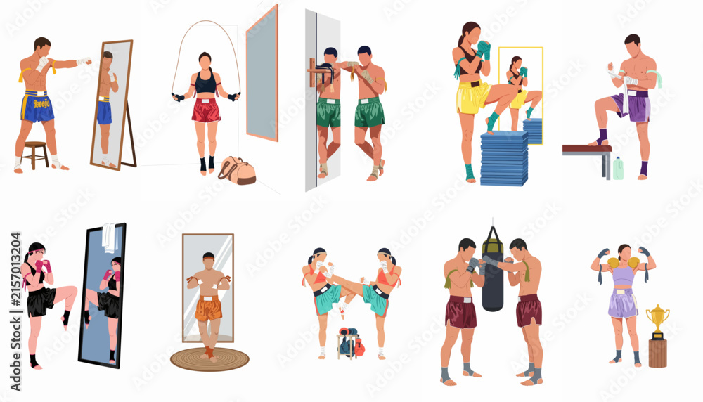 Fototapeta premium Flat vector illustration set of male and female Muay Thai fighters training, shadow boxing, jumping rope, and celebrating victory.