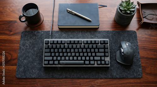 Modern office workspace with mechanical keyboard, mouse, coffee cup, and notebook on wooden desk
