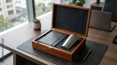 Luxury corporate gift box with notebook and tumbler on office desk