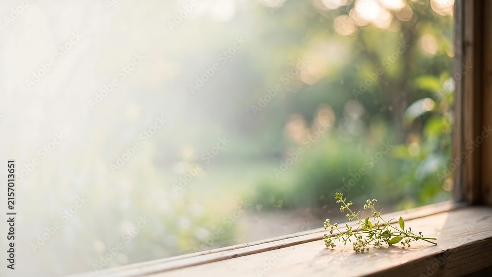 Obraz premium Fresh green herb sprig resting on a sunlit wooden windowsill with soft bokeh and warm natural light.