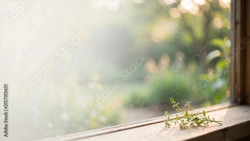 Fresh green herb sprig resting on a sunlit wooden windowsill with soft bokeh and warm natural light.