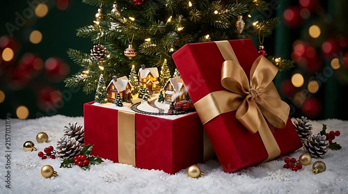 Christmas gift box with a miniature village scene inside