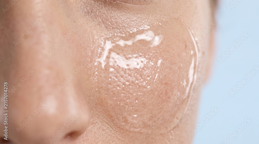 Fototapeta premium Close up of transparent cosmetic gel or hydrating serum smeared on a woman's cheek.