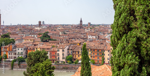 Canvas Print Panoramic Aerial View of old City Skyline with Adige River and Lamberti Tower Verona Italy