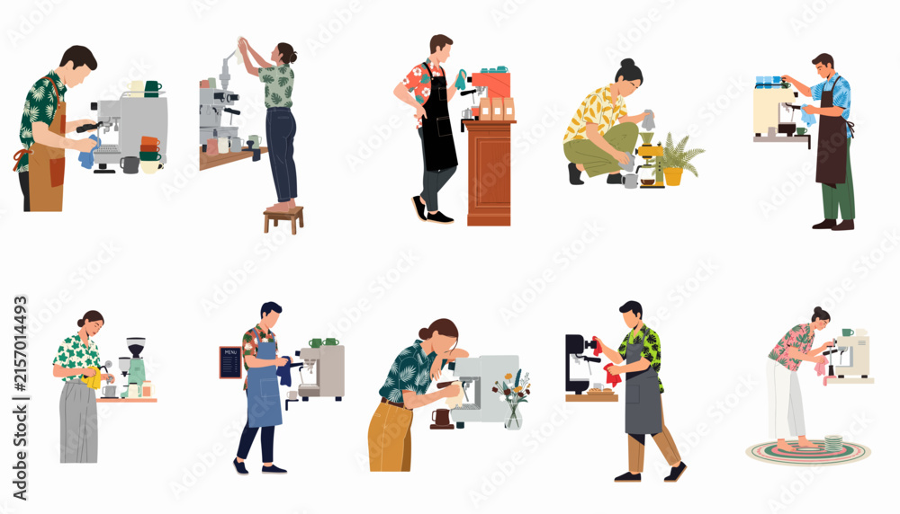 Fototapeta premium Collection of flat vector illustrations depicting diverse baristas operating coffee machines and preparing various drinks in a modern cafe setting.