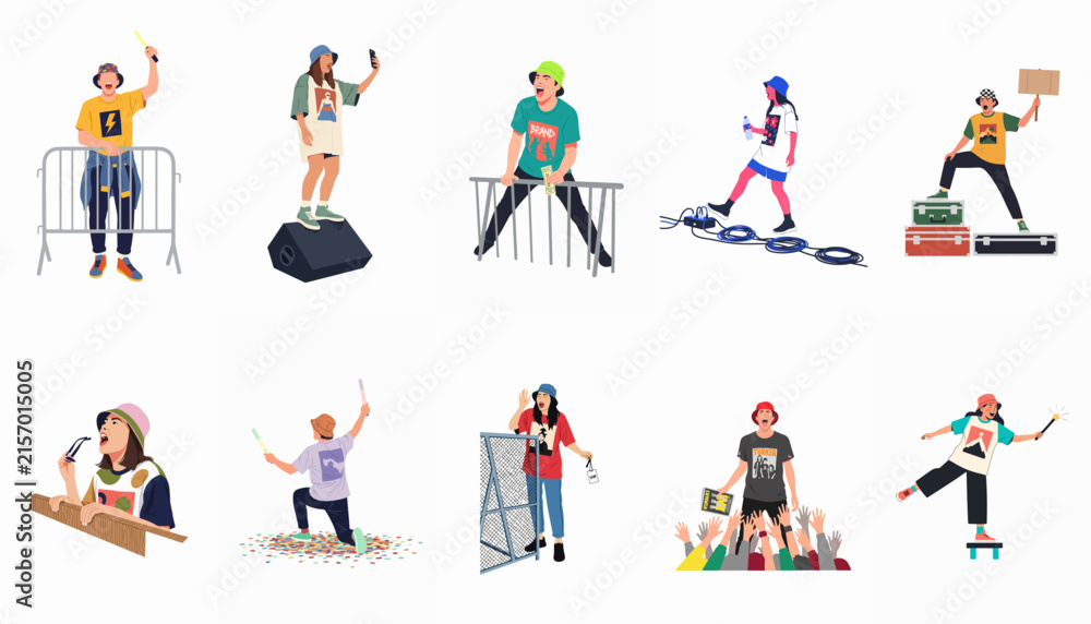 Fototapeta premium Set of flat vector illustrations featuring diverse young people in various poses at a music festival, concert, or outdoor event.