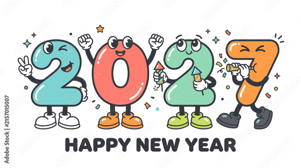 Fototapeta premium Cartoon Characters Representing the Year 2027 Celebrating Happy New Year 3.