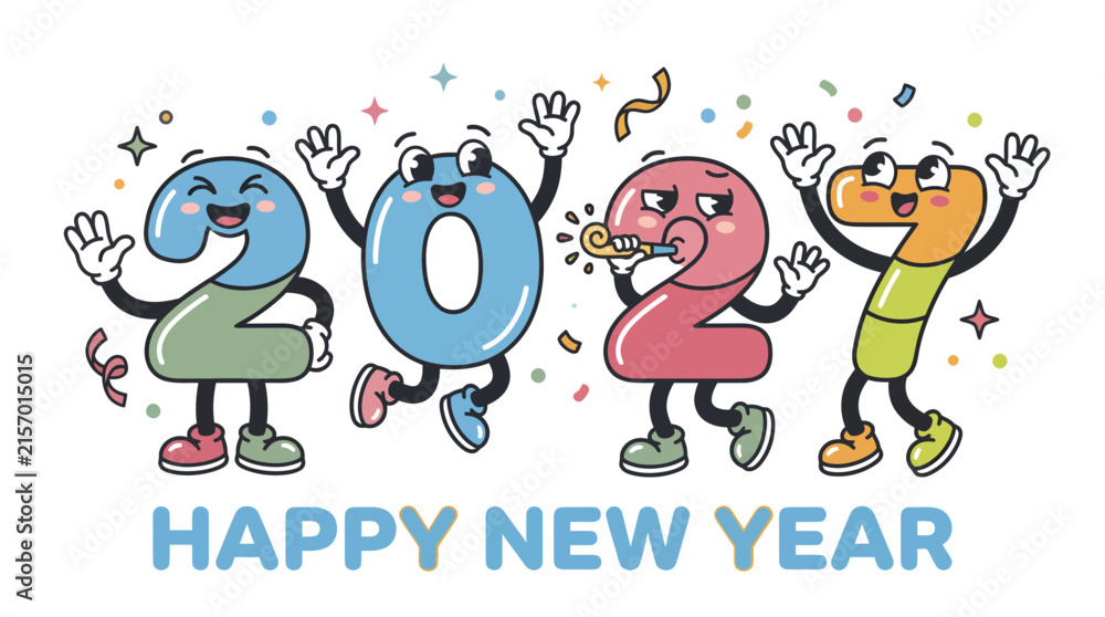 Fototapeta premium Cartoon characters representing the year 2027 celebrating with a Happy New Year message.