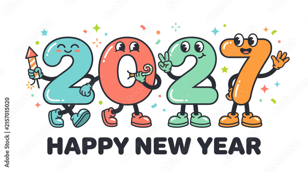 Fototapeta premium Cartoon Characters Representing The Year 2027 Celebrating New Year.