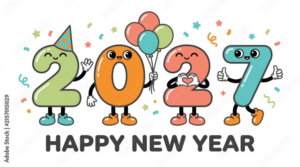 Fototapeta premium Cartoon characters representing the year 2027 with festive party elements.
