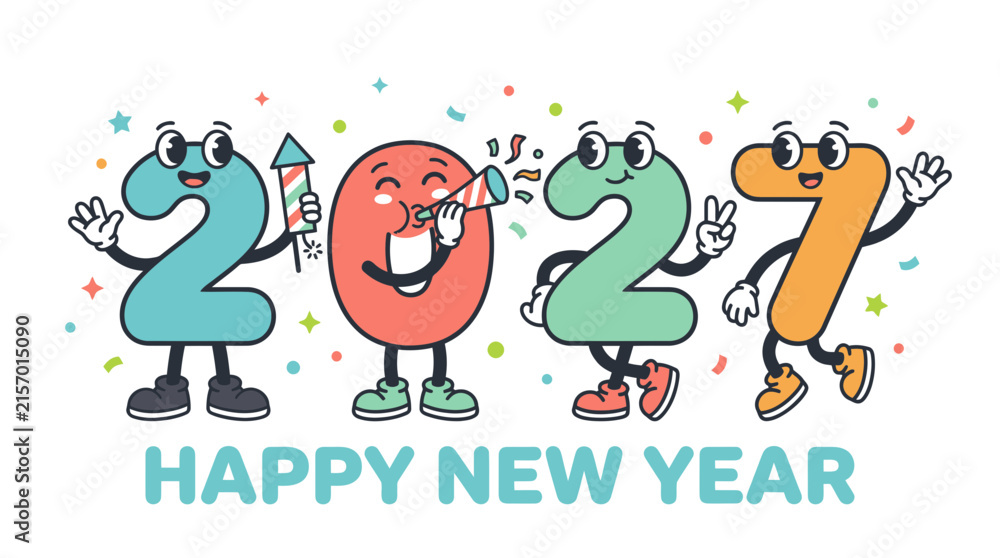 Naklejka premium Cartoon characters shaped like the numbers 2027 celebrating happy new year 3.