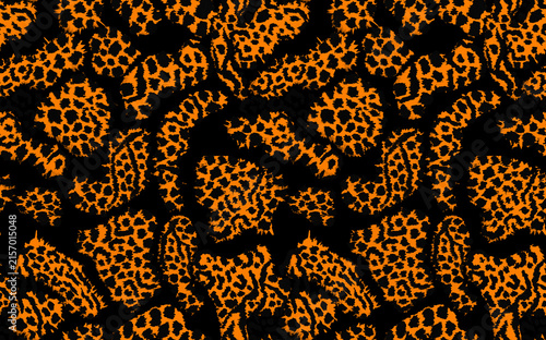 Photography Seamless abstract leopard pattern with vibrant orange spots on black background, night safari animal print