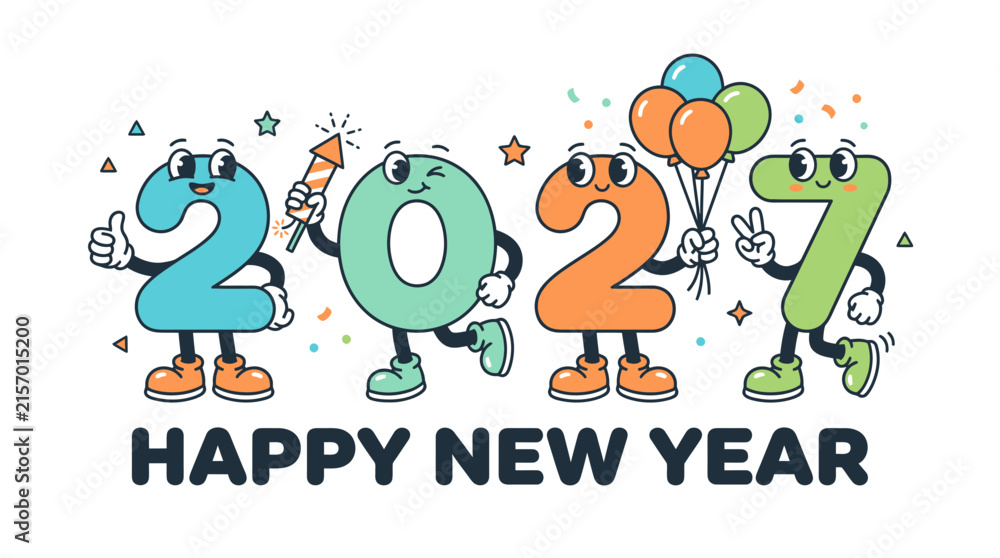Fototapeta premium Cartoon mascot characters representing the year 2027 for New Year celebration.