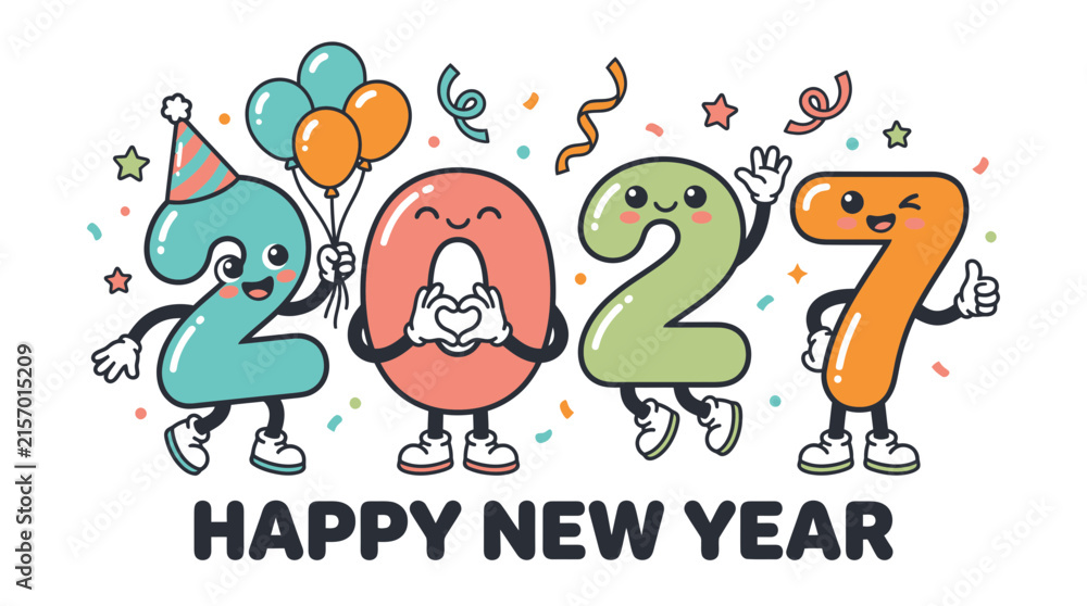 Fototapeta premium Cartoon mascot numbers celebrating 2027 Happy New Year.