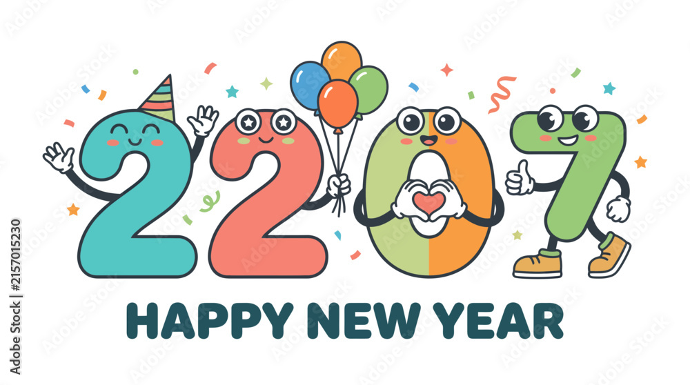 Fototapeta premium Cartoon number characters 2207 celebrating with party hat balloons and confetti for happy new year greeting.