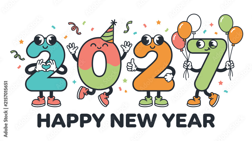 Naklejka premium Happy New Year 2027 Cartoon Character Numbers Celebration 1.