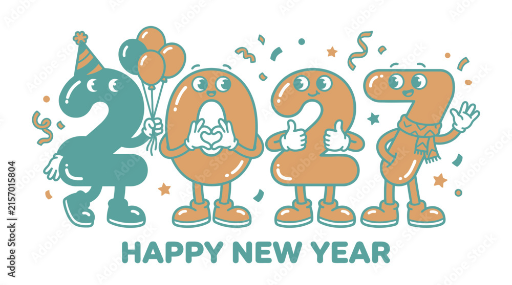 Naklejka premium Retro Cartoon Happy New Year 2027 Mascot Illustration.